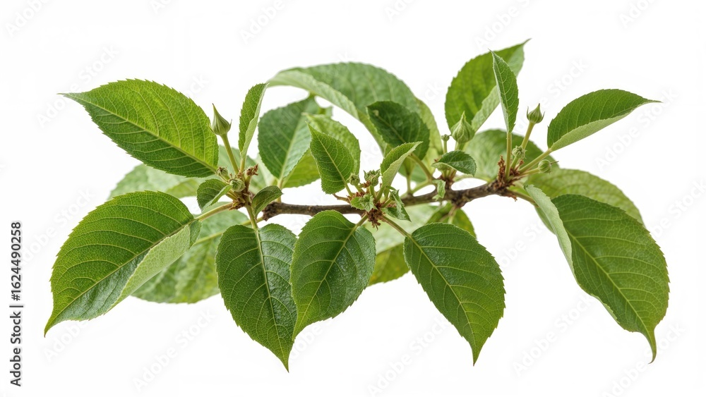 Fototapeta premium Detailed view of tender leaves and sprouts on a tree limb, separated by a white background