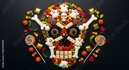 Sweetly sinister: A Halloween skull composed of colorful candies and whimsical treats