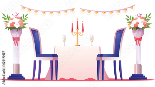 Romantic dinner setup with table for two chairs flowers candles and garland for a special occasion