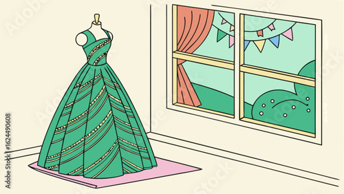 Vintagestyle illustration of a green dress on a mannequin in a room with a window, creating an elegant and retro fashion scene