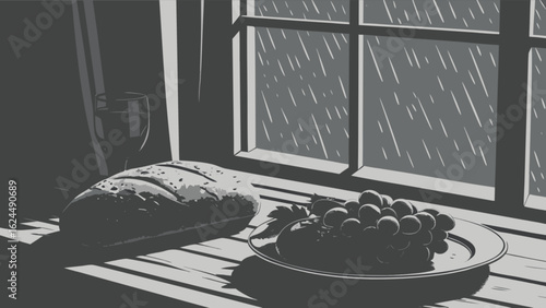 Monochrome still life of bread, grapes, and wine by a window on a rainy night, creating a rustic and vintage atmosphere