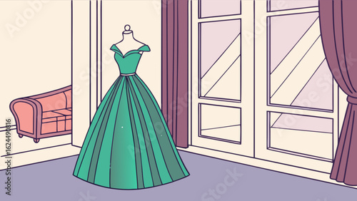 Elegant green dress on a mannequin in a room with a window, sofa and curtain, creating a vintage and romantic atmosphere