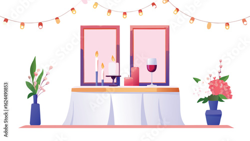 Elegant table setting with candles, wine, flowers, and string lights creating a romantic ambiance