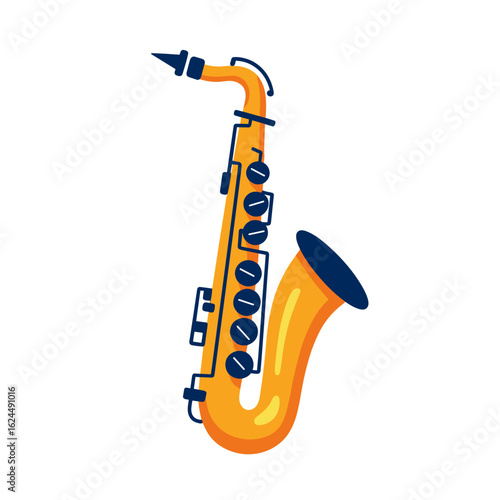 Cartoon saxophone in bright colors with a playful design  