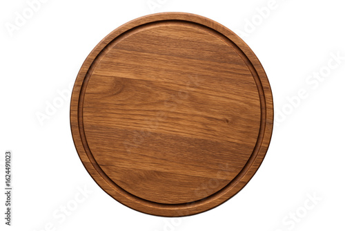 Top view of round wooden pizza serving board with groove, isolated on transparent background, perfect for presenting pizza, cheese, bread, or rustic kitchen decor