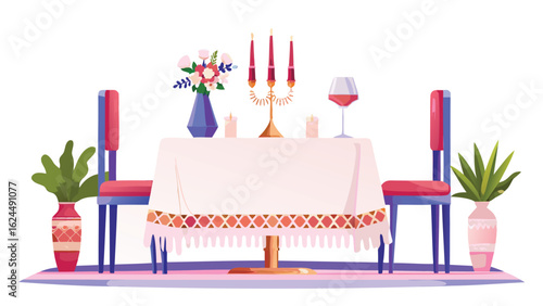 A beautifully set table with flowers candles and wine glasses ready for a romantic dinner setting scene