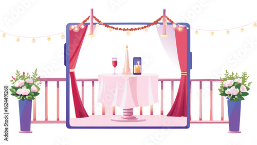 Romantic dinner setup on a balcony with flowers, lights, wine, candle, and a phone in a digital frame