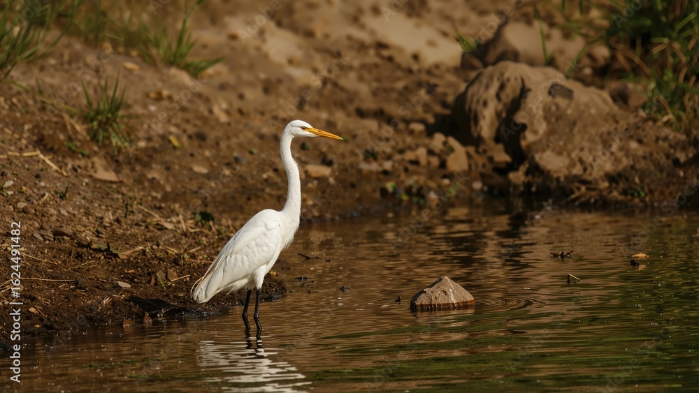 A stunning white egret standing by a muddy lakeside A stunning white egret standing by a muddy lakeside