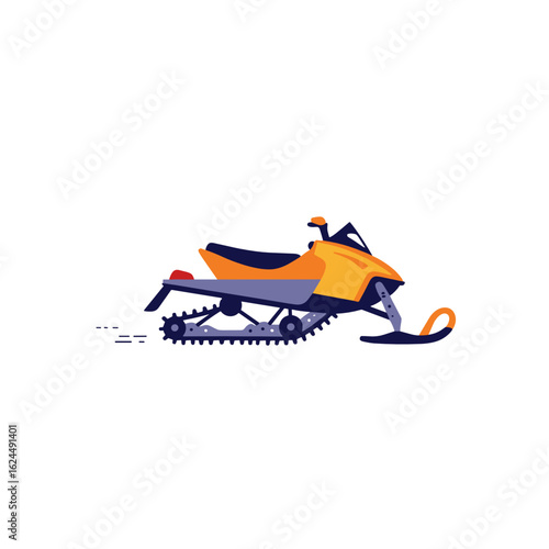 Snowmobile illustration in orange and blue colors with tracks  