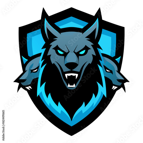 Dual Wolf Rage: Mirrored Snarling Heads with Blue Eyes in Rugged Shield