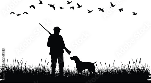 Silhouette of a hunter with a gun and his dog, watching a flock of birds flying overhead, a hunting scene vector illustration.