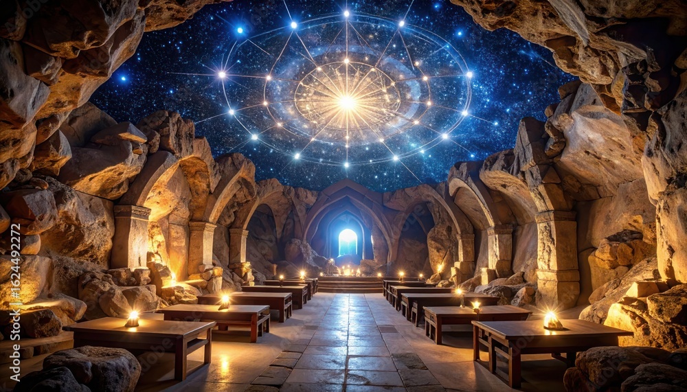 Fototapeta premium Astrological Cave Interior with Zodiac Constellation Ceiling.