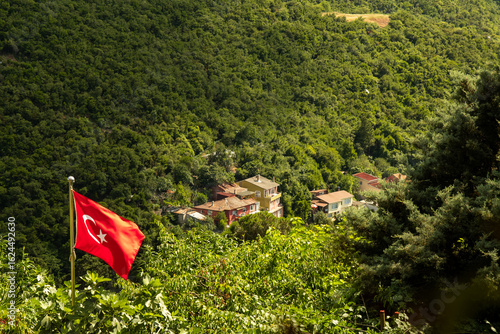 Village Nestled in a Green Forest with a Turkish Flag Flying Proudly