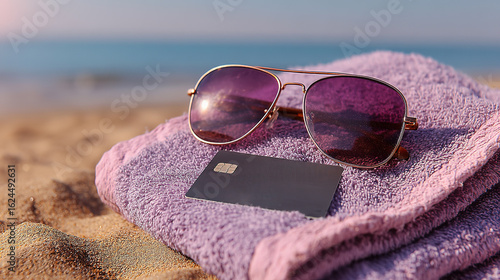 Realistic close-up of blank black credit card on sunglasses wrapped in purple towel on sunlit beach sand, pastel pink to violet gradient background, summer travel vibe