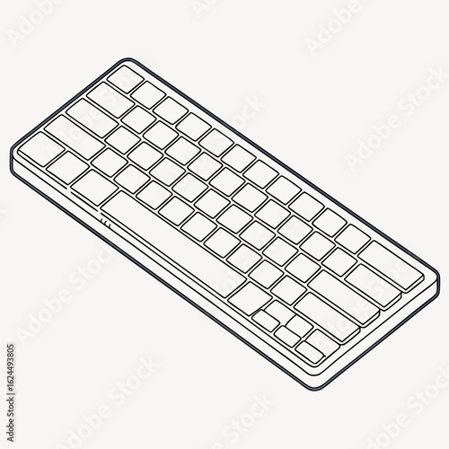 Minimalist line art illustration of a modern slim wireless computer keyboard viewed from an isometric perspective