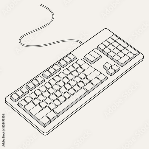 A detailed line drawing illustration of a modern computer keyboard with a connected cable on a neutral background