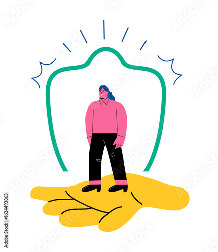 Business woman in a hand holds client. Customer Care, retention or loyalty concept. Flat vector illustration isolated on white background