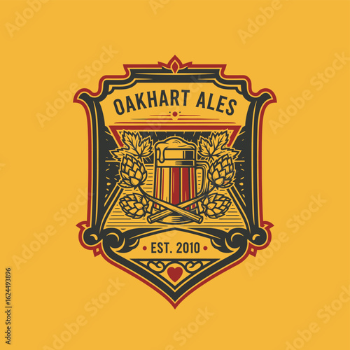 A vintage-style logo for Oakhart Ales featuring a beer mug, hops, and decorative shield design with an established date of 2010.