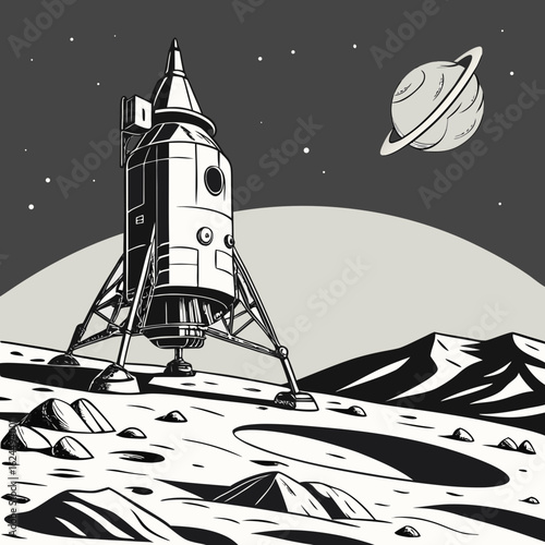Retro style lunar lander rests on a rocky alien planet surface with a ringed planet in the starry sky