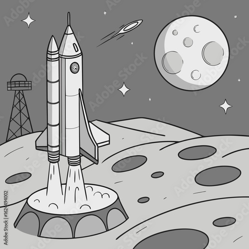 Stylized illustration of a space shuttle launching from a lunar surface with a distant moon and stars