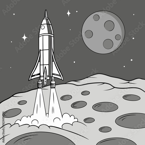 Cartoon rocket launching from the moon surface with earth in the background and stars in the sky