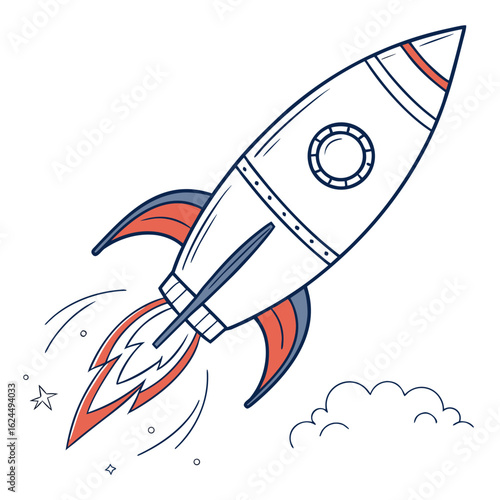 Whimsical hand drawn rocket ship launching into space with fiery exhaust and stars