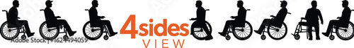  Vector silhouettes of a person in a wheelchair from various side views, a collection illustrating different angles and accessibility, on white.