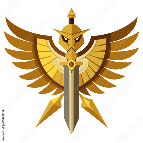Dual-winged hawk in armor with central sword, placed in a symmetrical golden emblem.