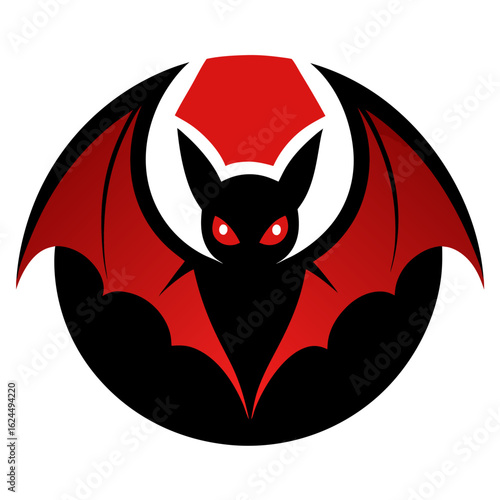 Red-eyed cunning bat with curved wings in a circular design for nocturnal team identity.