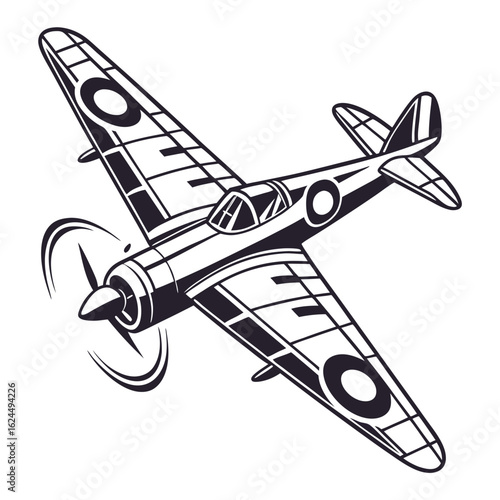 Iconic spitfire fighter plane in flight with propeller motion lines and roundel markings