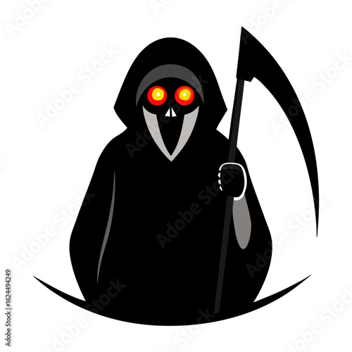 Hooded reaper with glowing eyes and sickle, set against a black shield background.