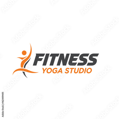 Modern logo design for a fitness and yoga studio featuring a stylized human figure in motion alongside bold typography.