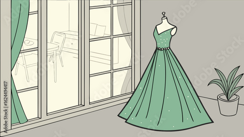 Elegant green dress on a mannequin in a bright room with a window and plant, showcasing fashion design and style for special occasions