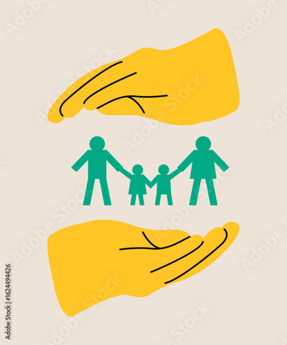Family protection. Insurance concept. Hands holding family symbol. Colorful vector illustration