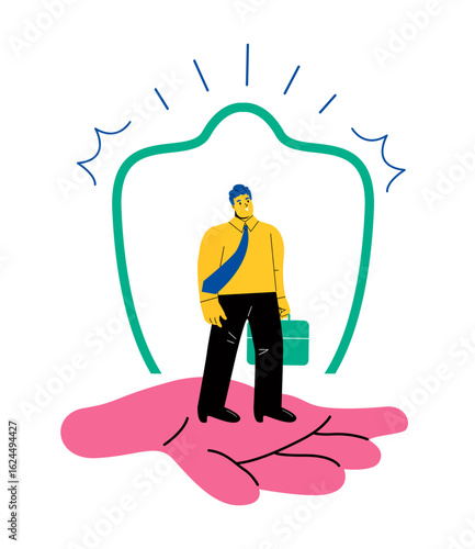 Business man in a hand holds client. Customer Care, retention or loyalty concept. Flat vector illustration isolated on white background