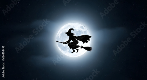 Eerie silhouette of a witch soaring across the moonlit sky on her broomstick for Halloween