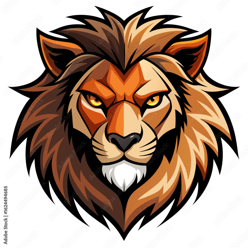 Obraz premium Angular lion head with aggressive expression and split-toned fur in a sharp vector style.