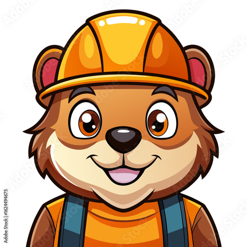 Cartoon beaver mascot wearing a construction hat, bright-eyed and tailored for a fun gaming badge.