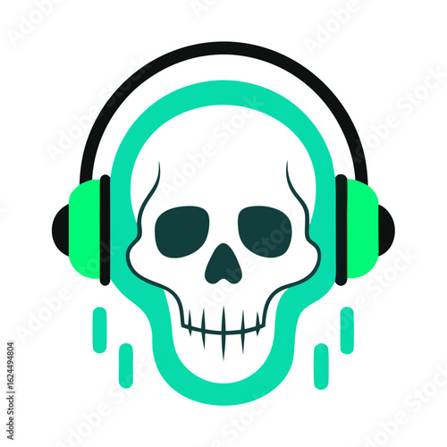 Skull wearing teal headphones and neon green mouthpiece, wrapped in digital wave accents.