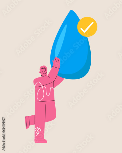 Man holding water symbol. Daily water needs are met. Colorful vector illustration