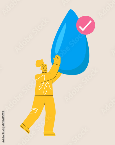 Woman holding water symbol. Daily water needs are met. Colorful vector illustration