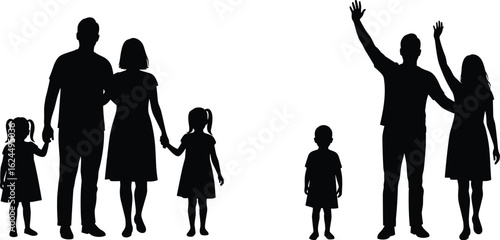 Two families silhouette illustration, depicting parents with their children holding hands and interacting, showcasing family bonds and togetherness.