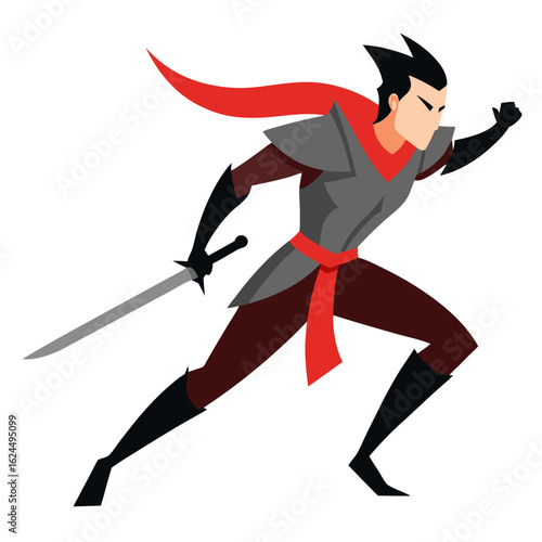 Dynamic swordsman in action pose with sharp armor details, vector styled for branding use.