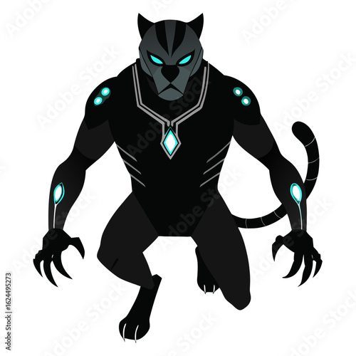 Biomechanical black panther with white glowing eyes and claws surrounded by a digital forcefield.