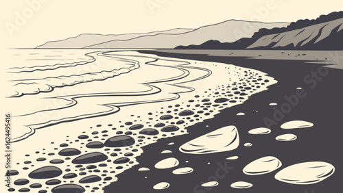 A scenic beach landscape with waves gently lapping the shore, rocks scattered on the sand, and cliffs rising in the background, evoking a sense of tranquility