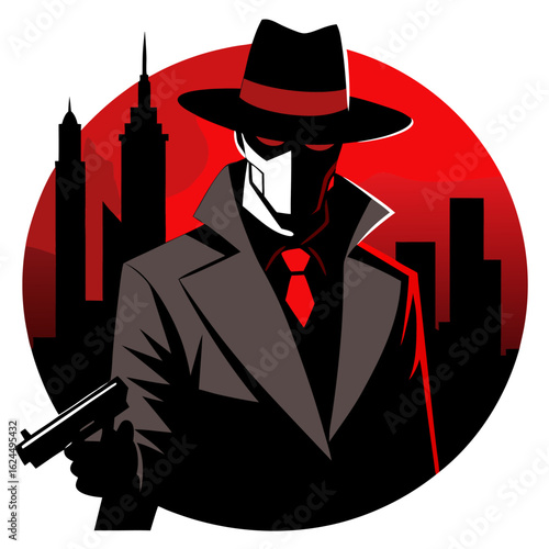 Noir gangster in fedora with revolver and glowing red cityscape neon accents.