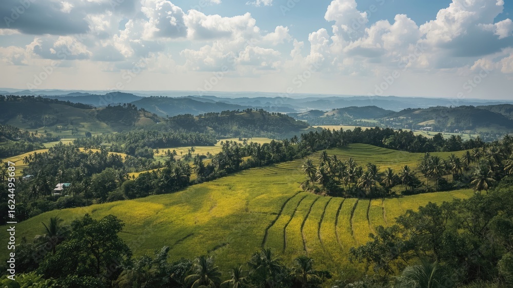 Naklejka premium Overhead perspective of rice plantations surrounded by greenery and a palm tree