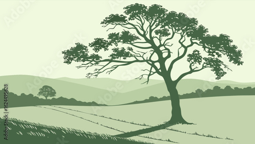 A serene countryside landscape featuring a solitary tree standing tall in a field, with rolling hills and a clear sky in the background, creating a peaceful scene