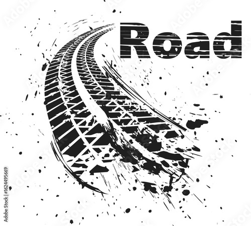 Dirty sharp tire tracks left in rapid movement. Grunge texture. Energy, chaos and the effect of a real chase on a dirty road. Drive and brutality. Grunge tire tracks. Grunge road.