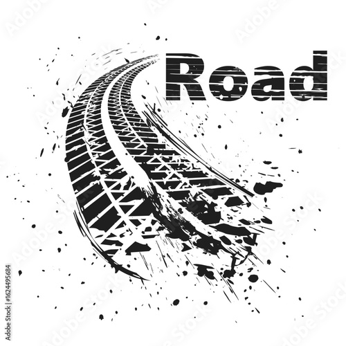 Dirty sharp tire tracks left in rapid movement. Grunge texture. Energy, chaos and the effect of a real chase on a dirty road. Drive and brutality. Grunge tire tracks. Grunge road.